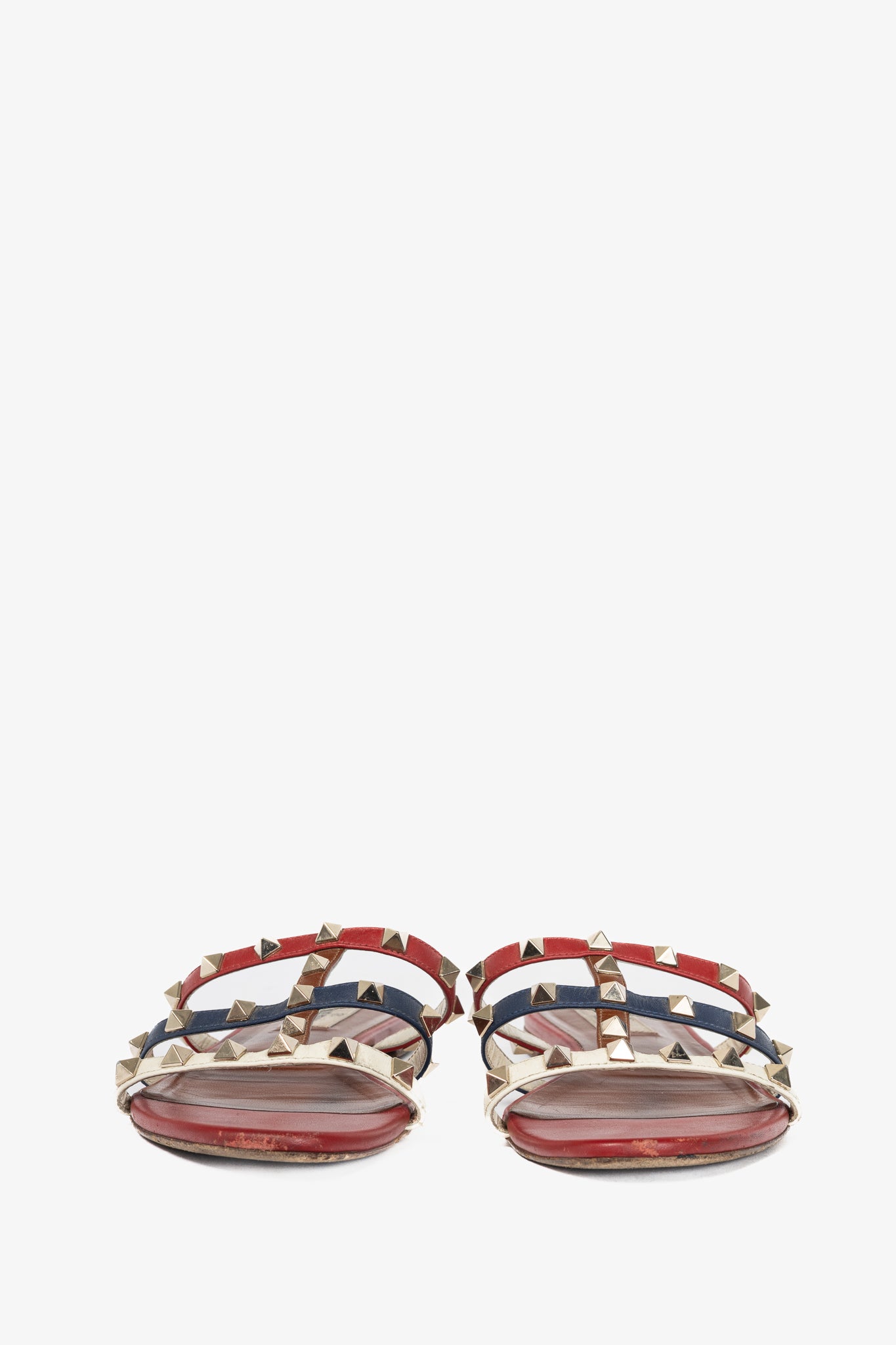 Valentino Garavani Navy, Red & White Rockstud Flat Mule Sandals