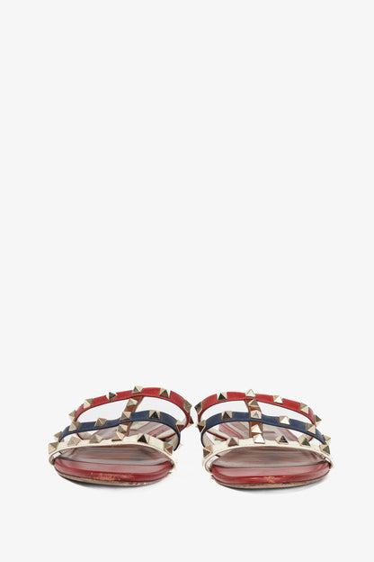 Valentino Garavani Navy, Red & White Rockstud Flat Mule Sandals