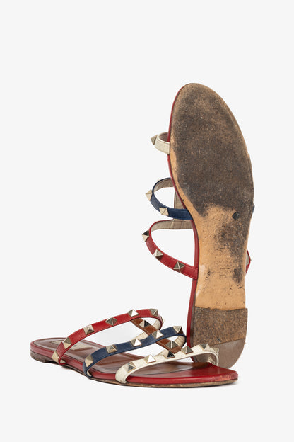 Valentino Garavani Navy, Red & White Rockstud Flat Mule Sandals