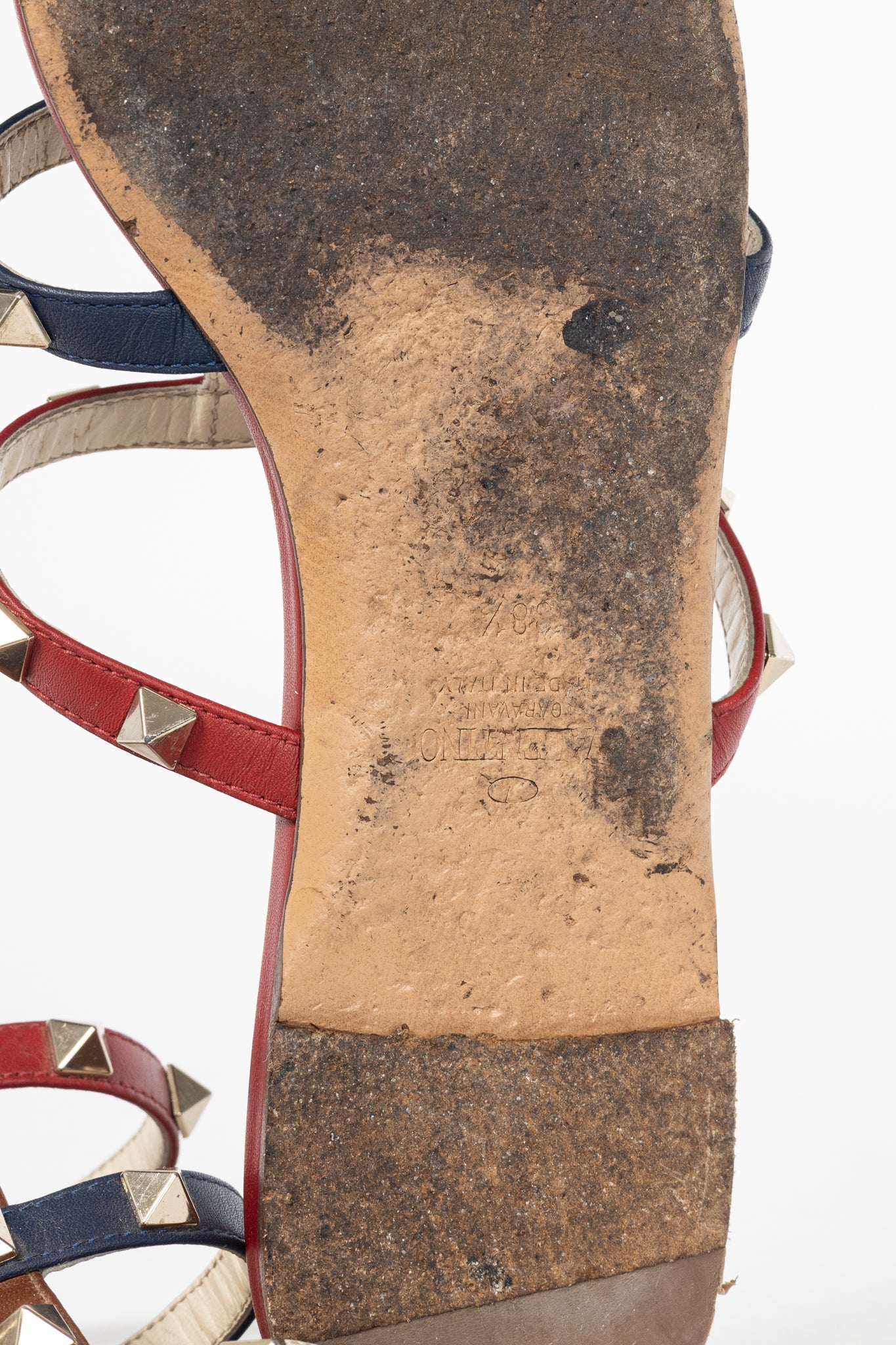Valentino Garavani Navy, Red & White Rockstud Flat Mule Sandals