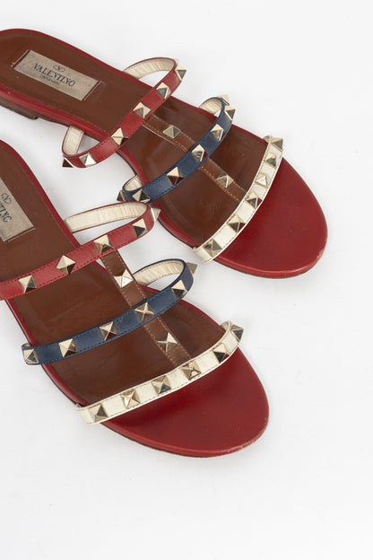 Valentino Garavani Navy, Red & White Rockstud Flat Mule Sandals