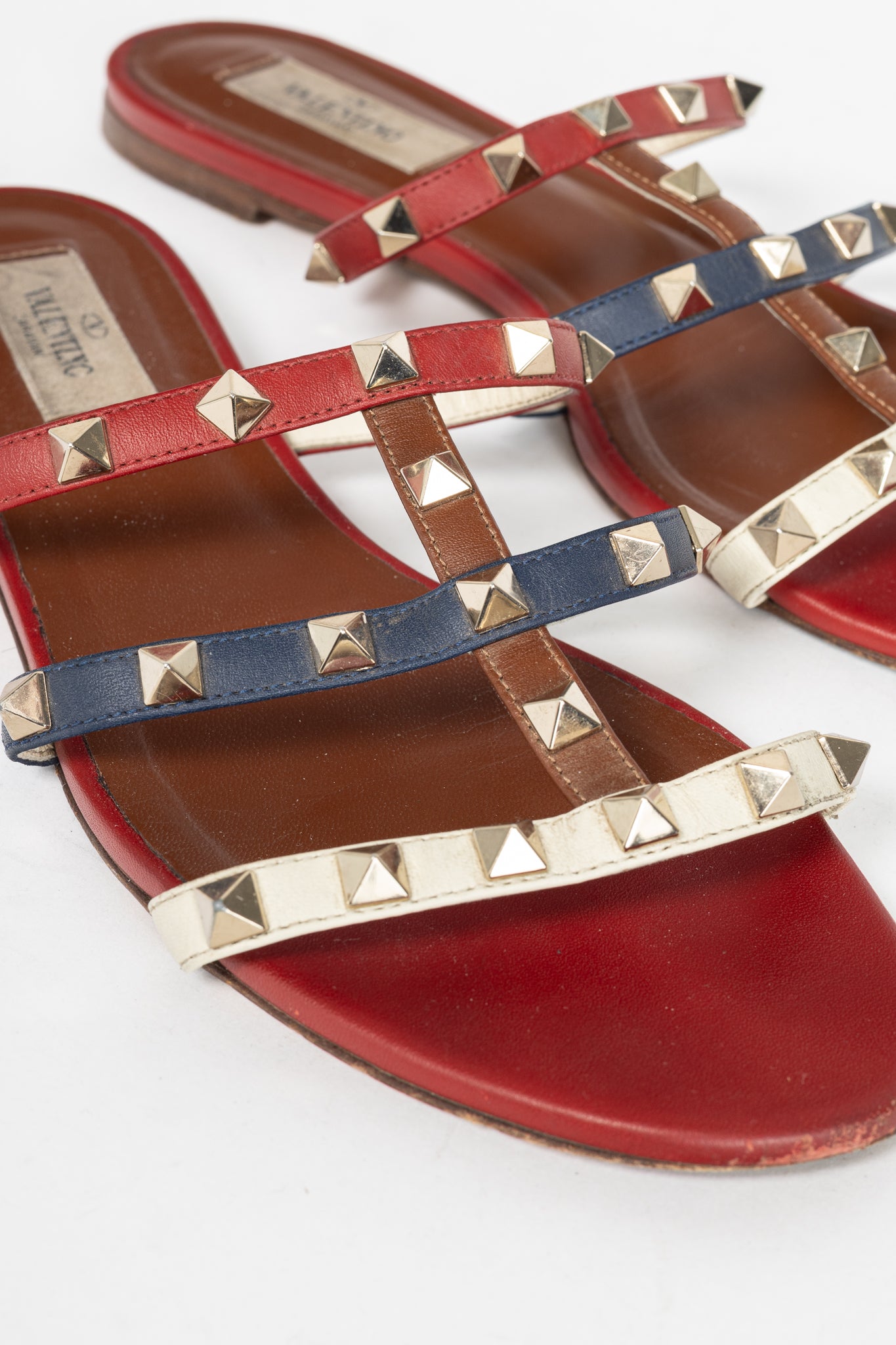 Valentino Garavani Navy, Red & White Rockstud Flat Mule Sandals