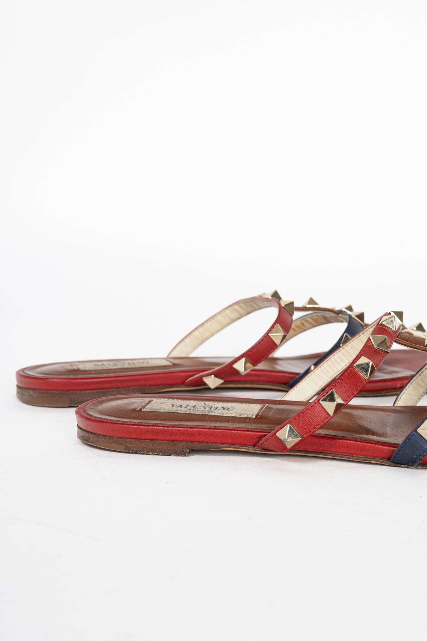 Valentino Garavani Navy, Red & White Rockstud Flat Mule Sandals