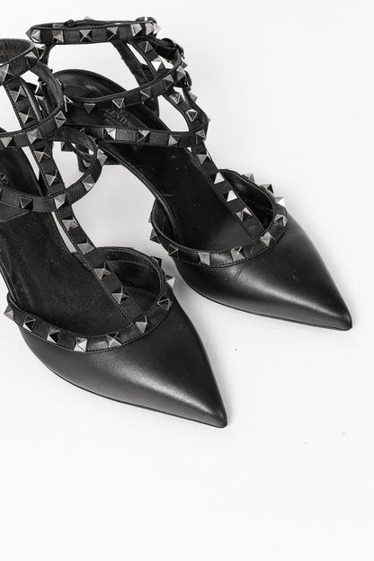 Valentino Garavani Rockstud Kitten Heel Black Leather Pumps