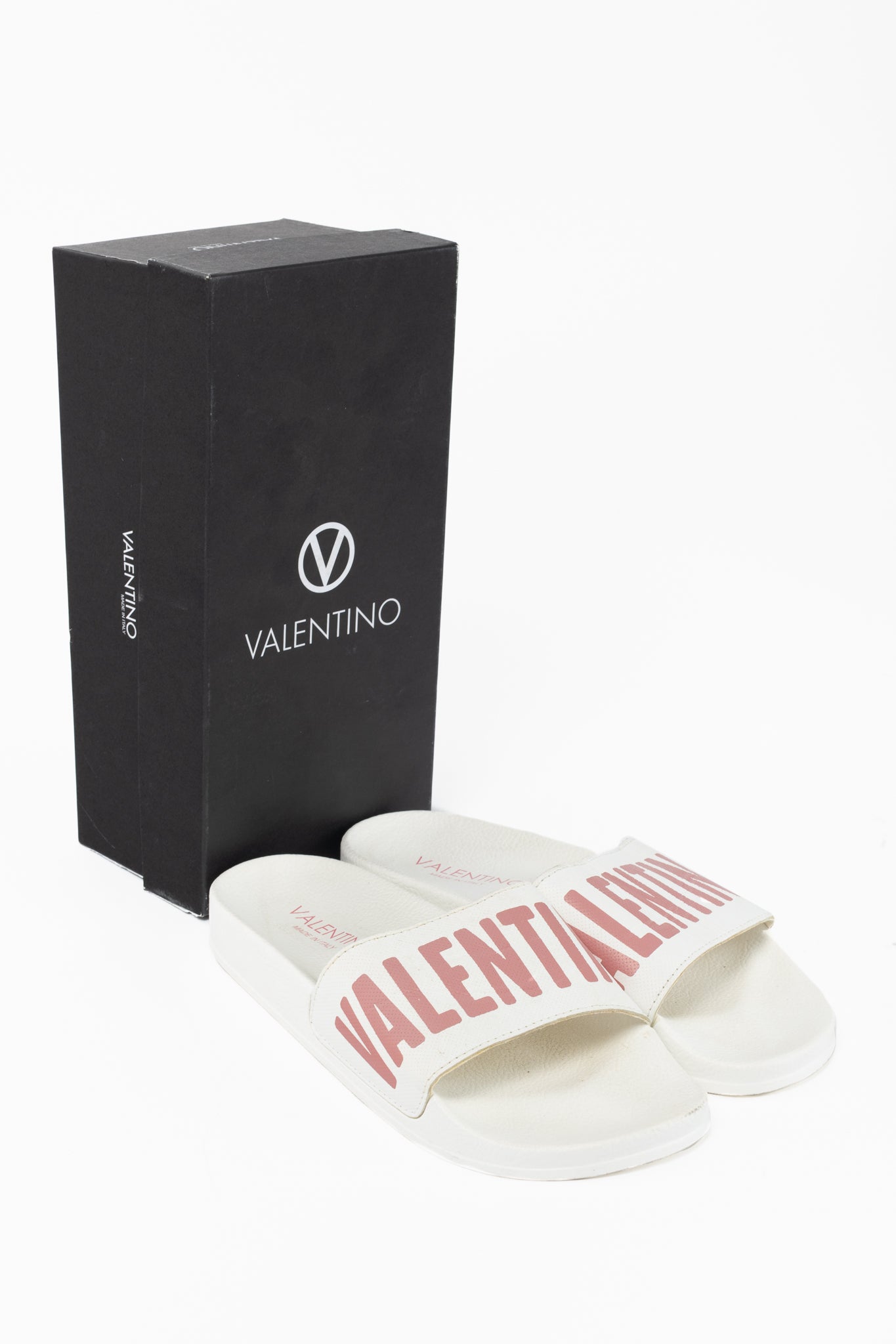Valentino by Mario Valentino Irene "White Pink" Logo Slide Sandals