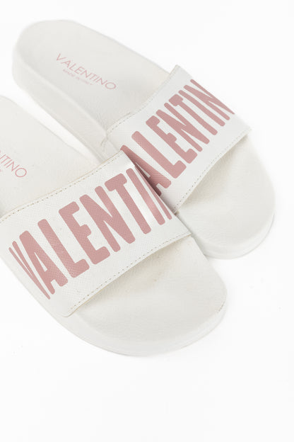 Valentino by Mario Valentino Irene "White Pink" Logo Slide Sandals