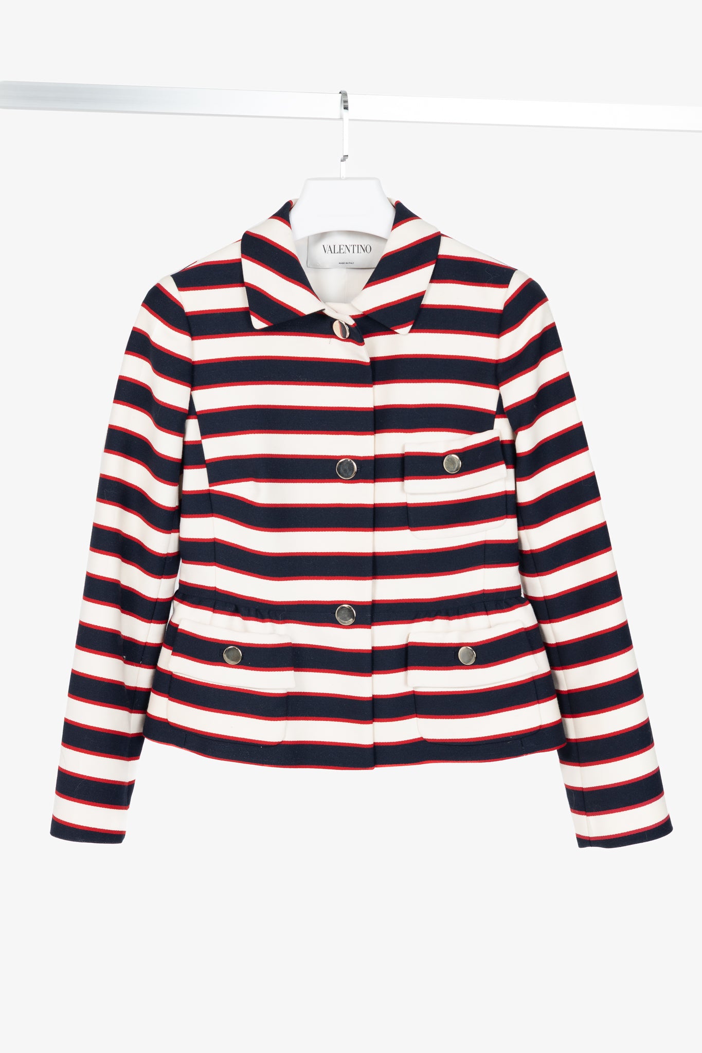 Valentino Resort 2014 White & Navy Striped Wool & Silk Peplum Jacket