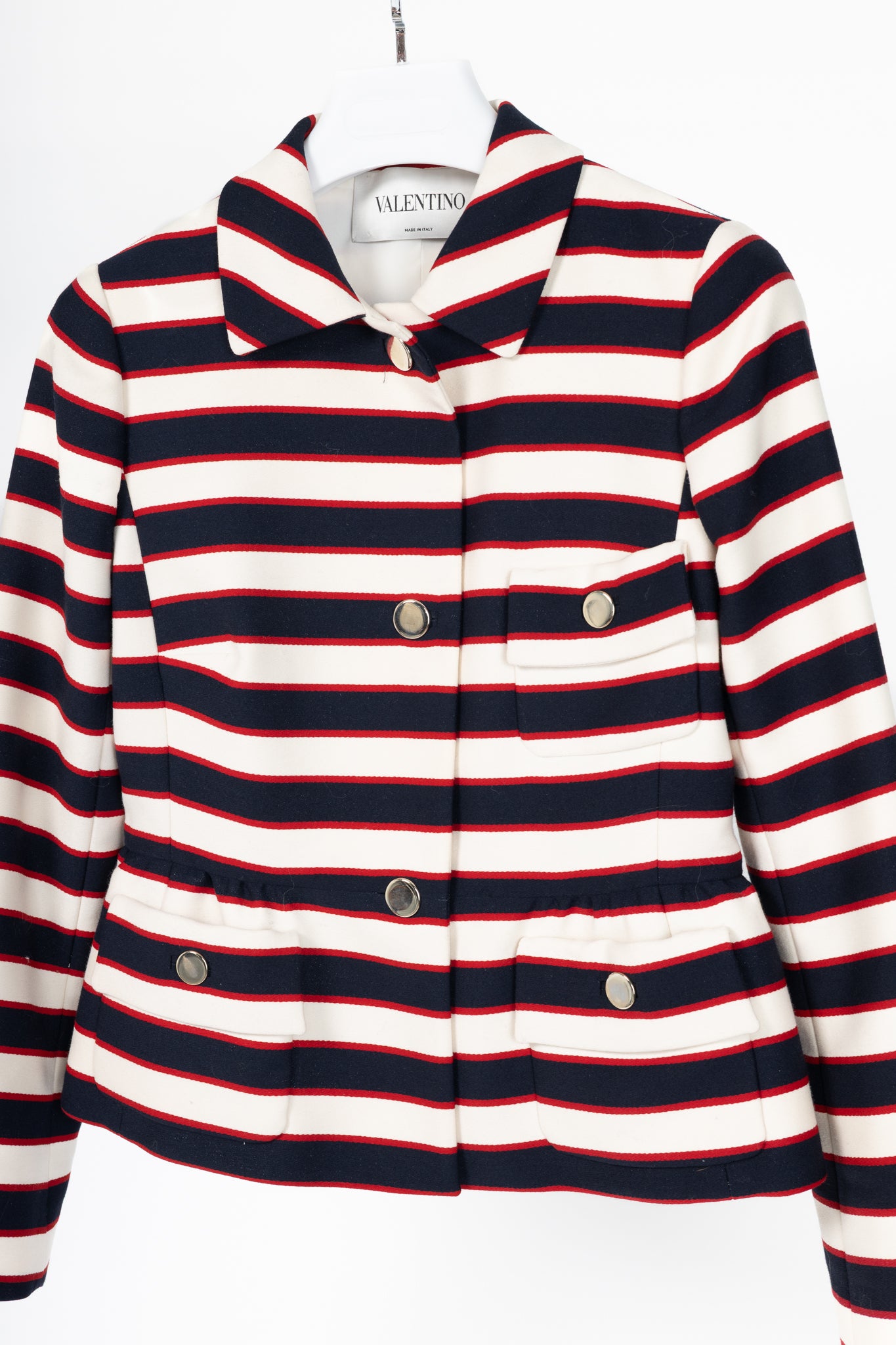 Valentino Resort 2014 White & Navy Striped Wool & Silk Peplum Jacket