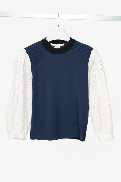 Veronica Beard Roy Navy Mix-Media Sweater