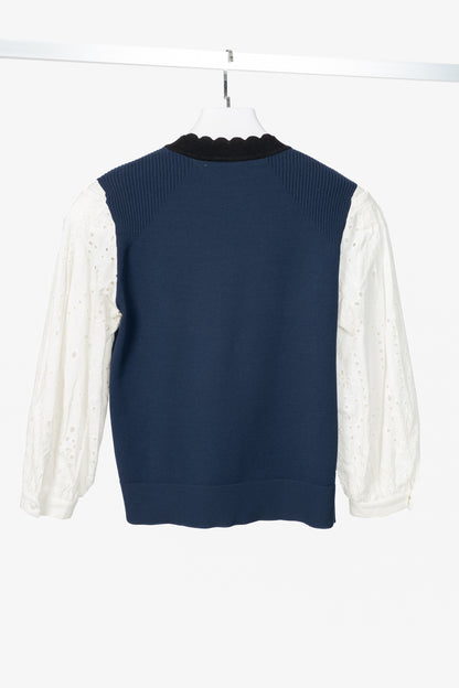 Veronica Beard Roy Navy Mix-Media Sweater