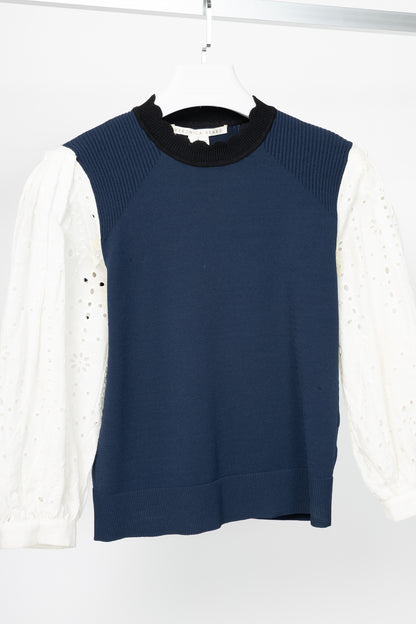 Veronica Beard Roy Navy Mix-Media Sweater