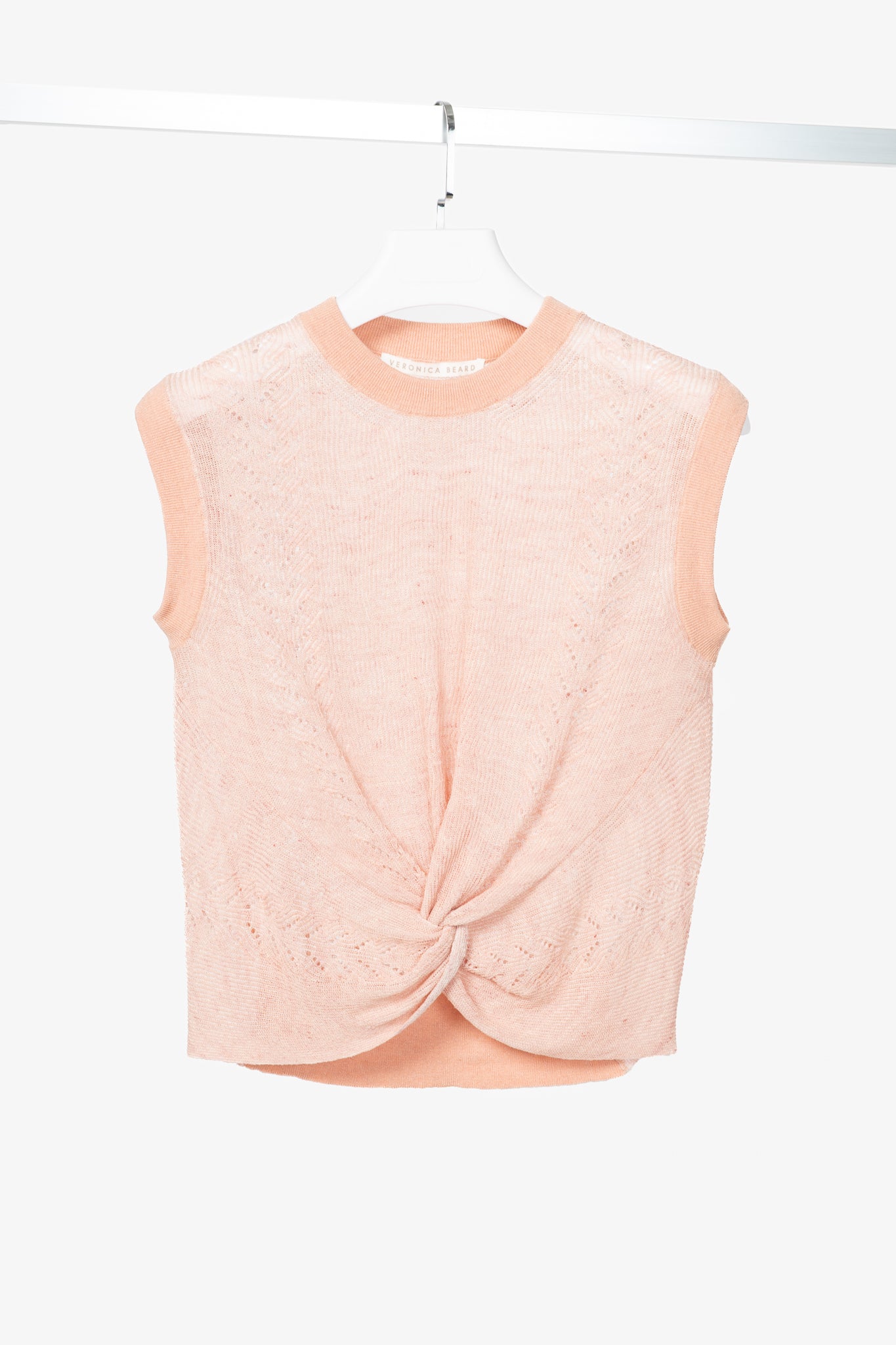 Veronica Beard Kellen Dusty Pink Linen Pointelle Twist-Front Sleeveless Sweater