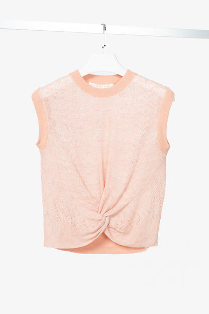 Veronica Beard Kellen Dusty Pink Linen Pointelle Twist-Front Sleeveless Sweater