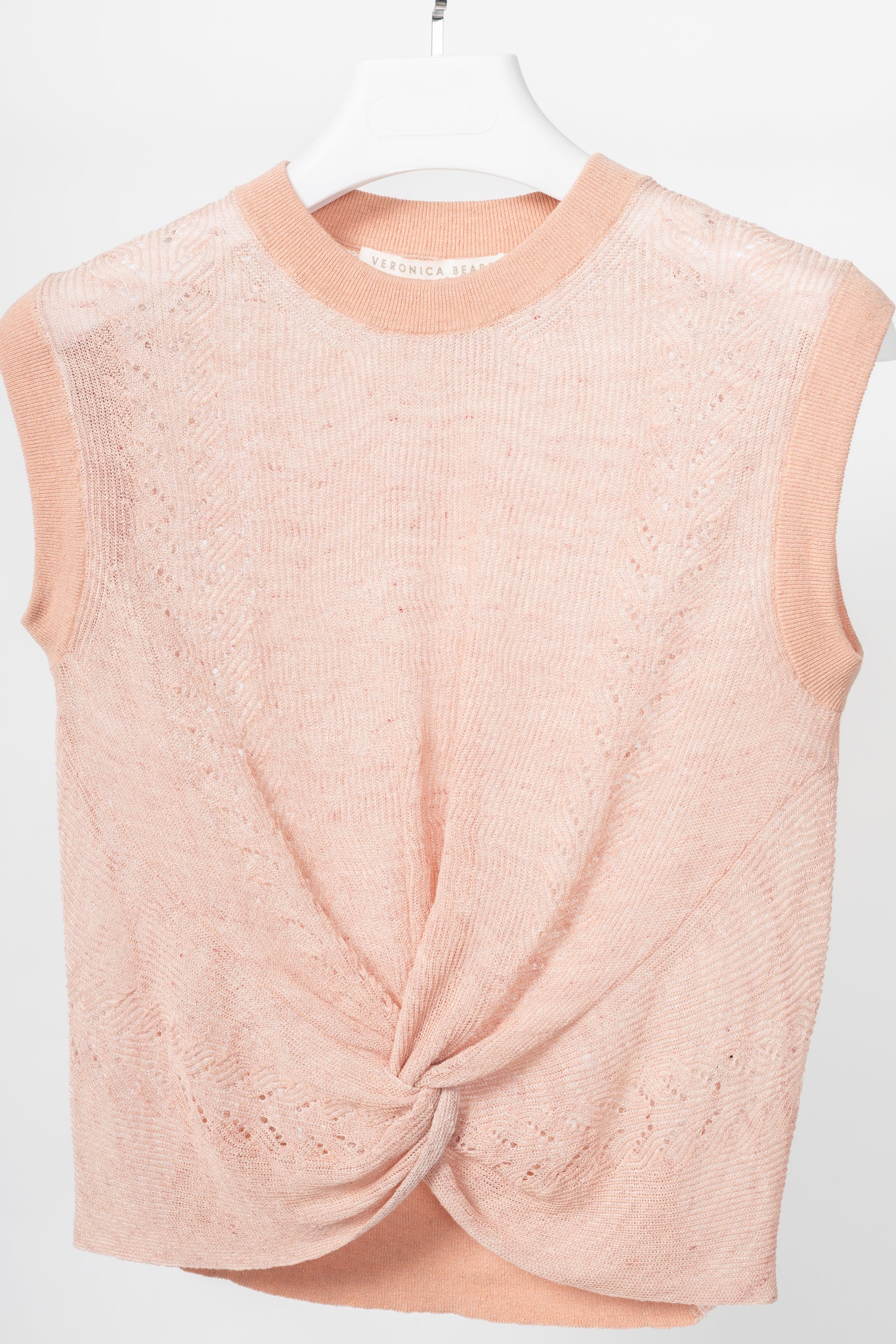 Veronica Beard Kellen Dusty Pink Linen Pointelle Twist-Front Sleeveless Sweater