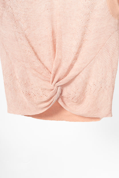Veronica Beard Kellen Dusty Pink Linen Pointelle Twist-Front Sleeveless Sweater