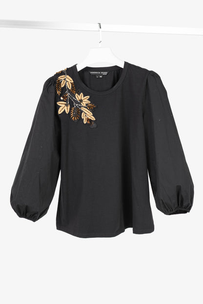 Veronica Beard Jeans Franchi Black Embroidered Puff-Sleeve Top