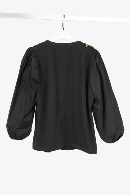 Veronica Beard Jeans Franchi Black Embroidered Puff-Sleeve Top