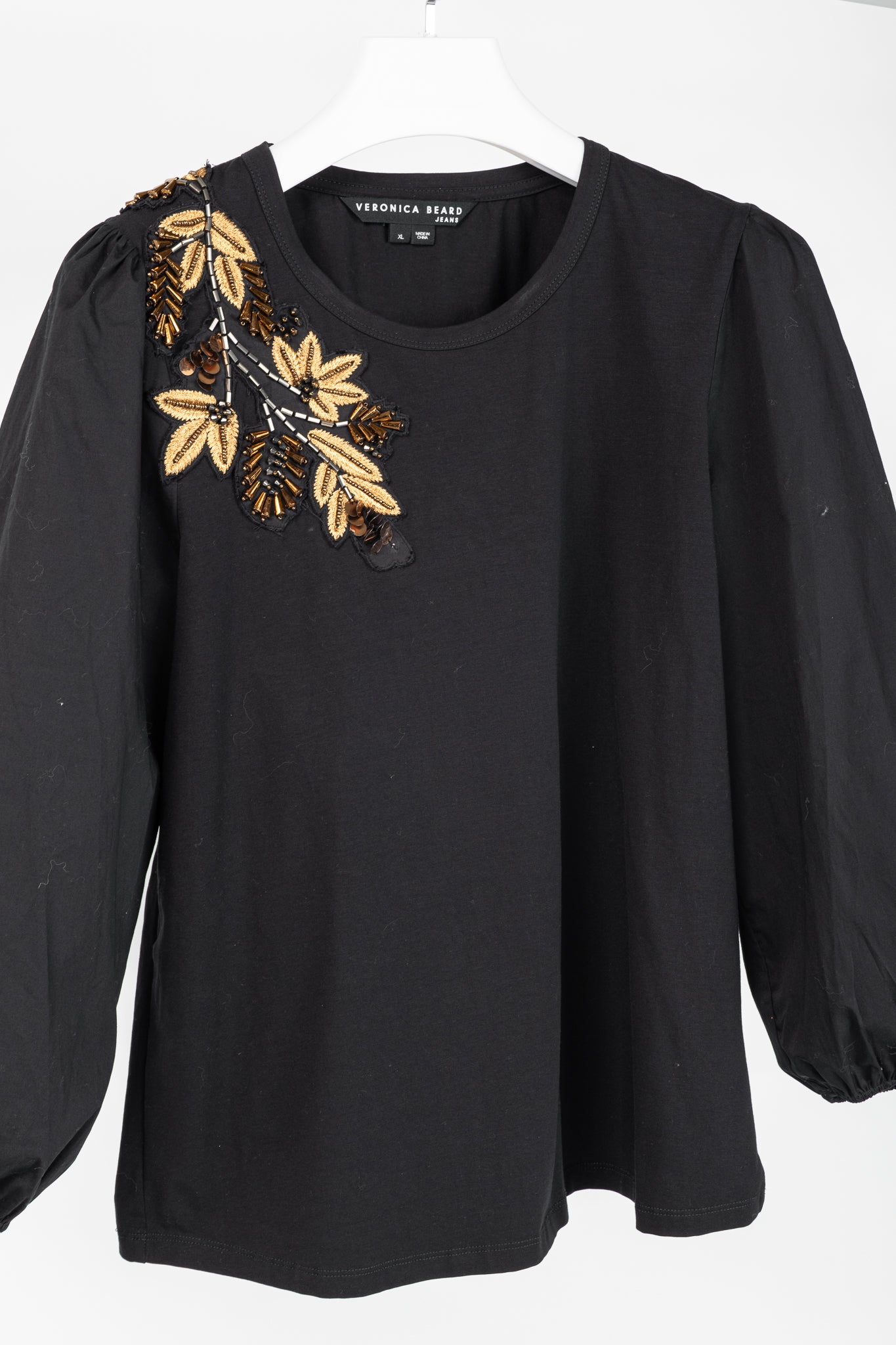 Veronica Beard Jeans Franchi Black Embroidered Puff-Sleeve Top