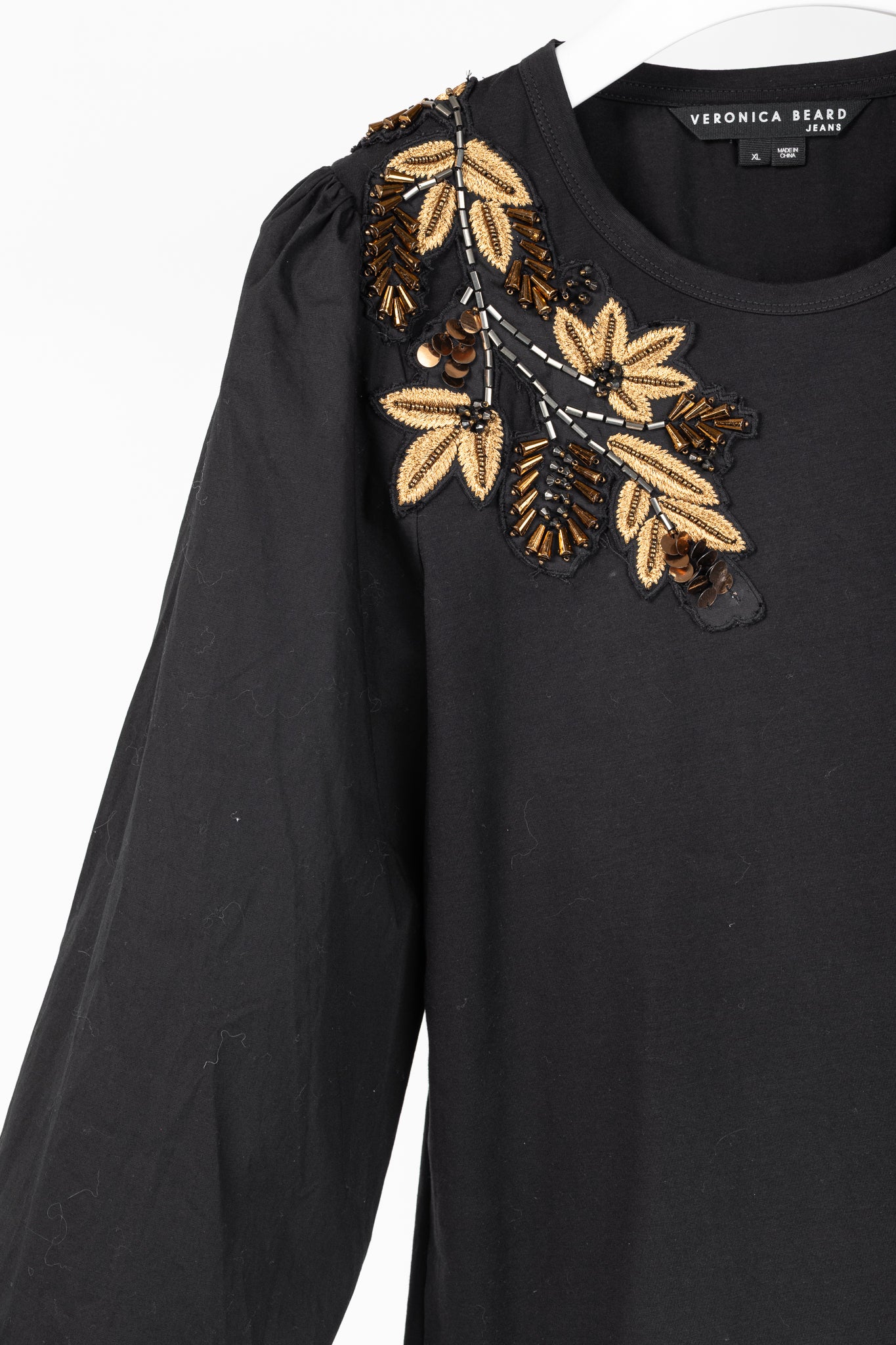 Veronica Beard Jeans Franchi Black Embroidered Puff-Sleeve Top
