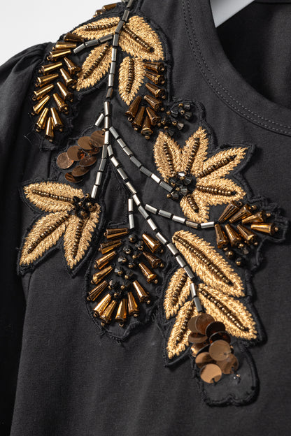 Veronica Beard Jeans Franchi Black Embroidered Puff-Sleeve Top