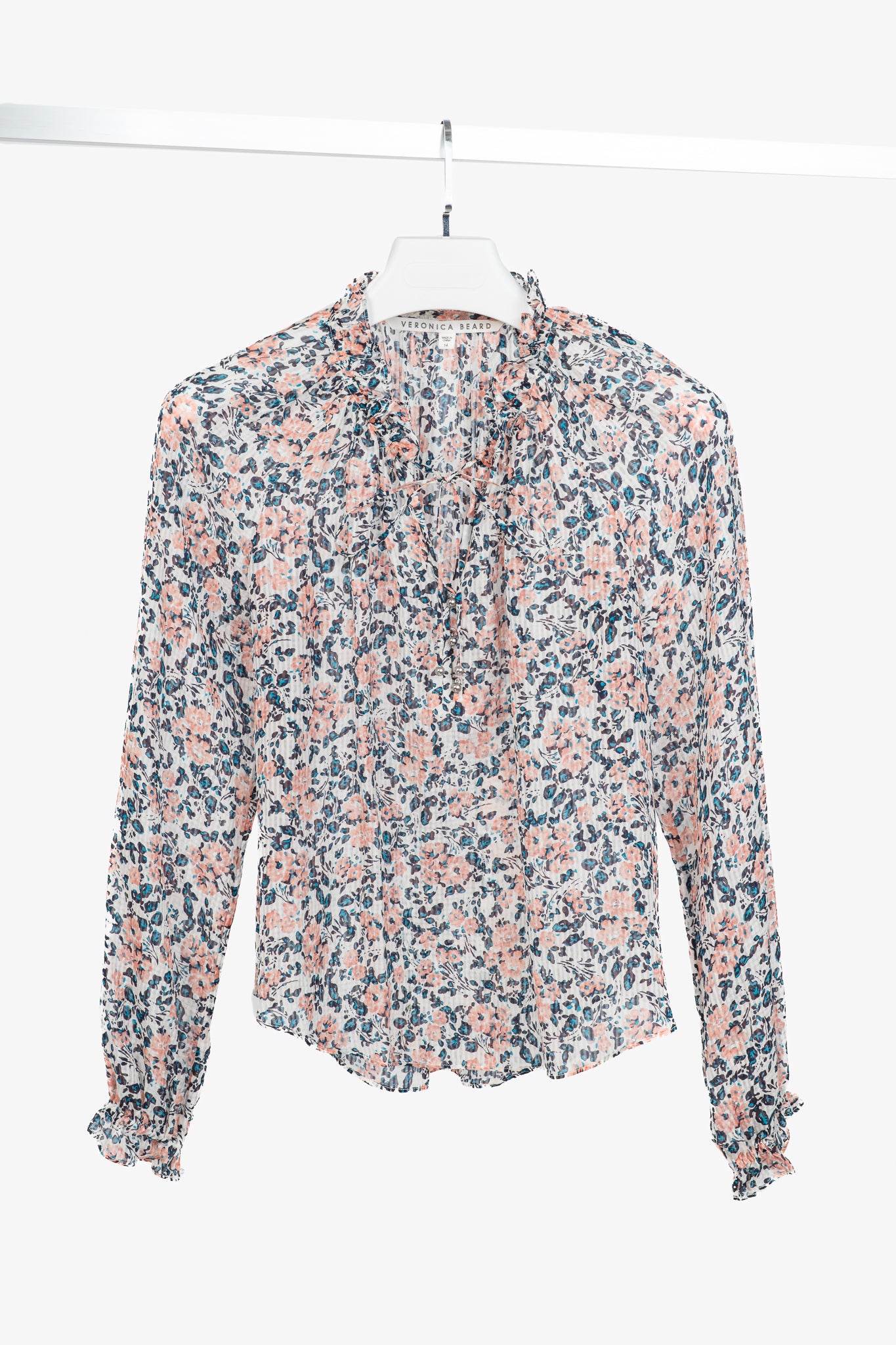 Veronica Beard Antonette White Floral-Print Silk Ruffled Blouse