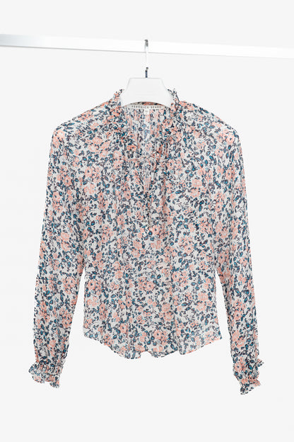 Veronica Beard Antonette White Floral-Print Silk Ruffled Blouse