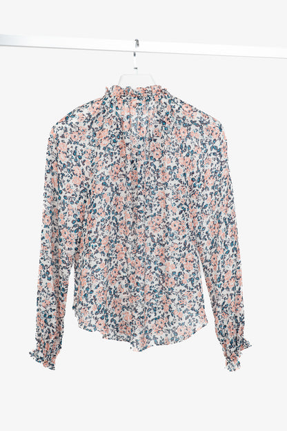 Veronica Beard Antonette White Floral-Print Silk Ruffled Blouse