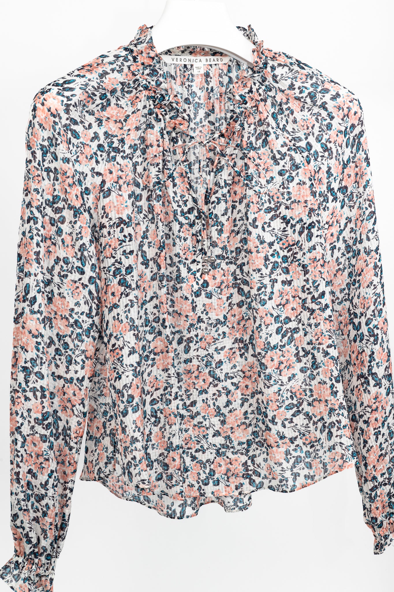 Veronica Beard Antonette White Floral-Print Silk Ruffled Blouse