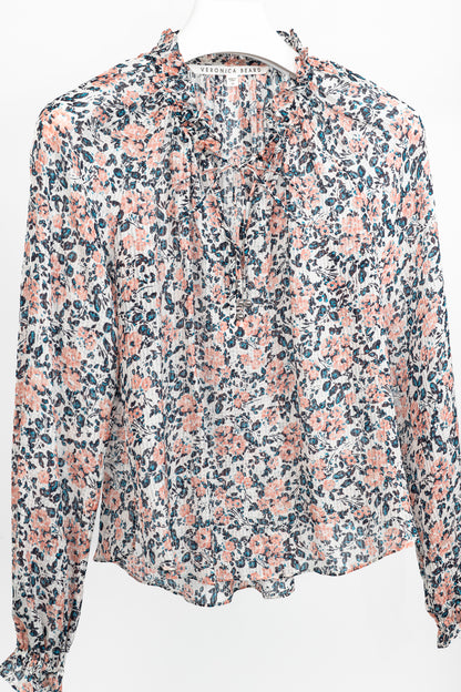 Veronica Beard Antonette White Floral-Print Silk Ruffled Blouse