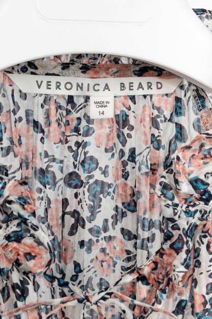 Veronica Beard Antonette White Floral-Print Silk Ruffled Blouse