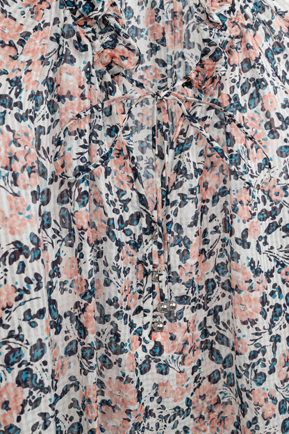 Veronica Beard Antonette White Floral-Print Silk Ruffled Blouse