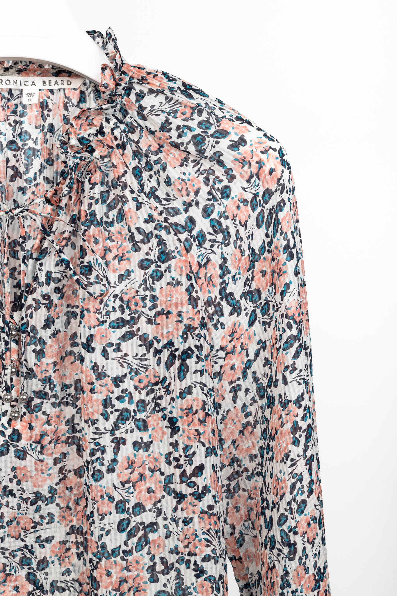 Veronica Beard Antonette White Floral-Print Silk Ruffled Blouse