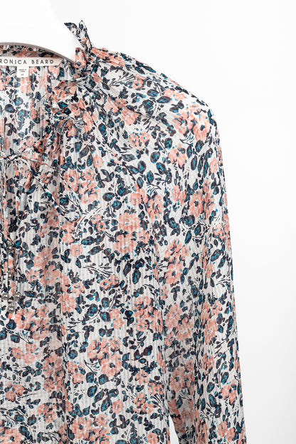 Veronica Beard Antonette White Floral-Print Silk Ruffled Blouse