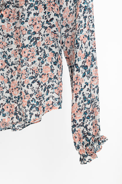 Veronica Beard Antonette White Floral-Print Silk Ruffled Blouse