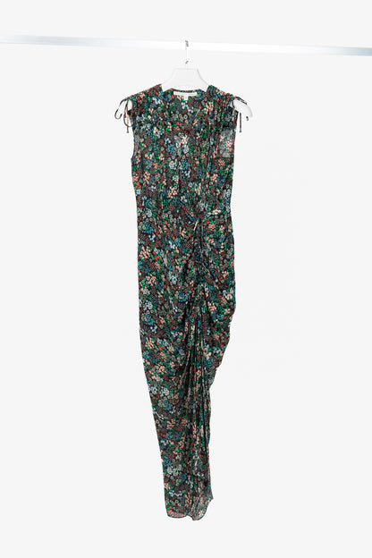 Veronica Beard Teagan Black-Multi Floral Silk Gathered Midi Dress