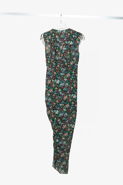 Veronica Beard Teagan Black-Multi Floral Silk Gathered Midi Dress