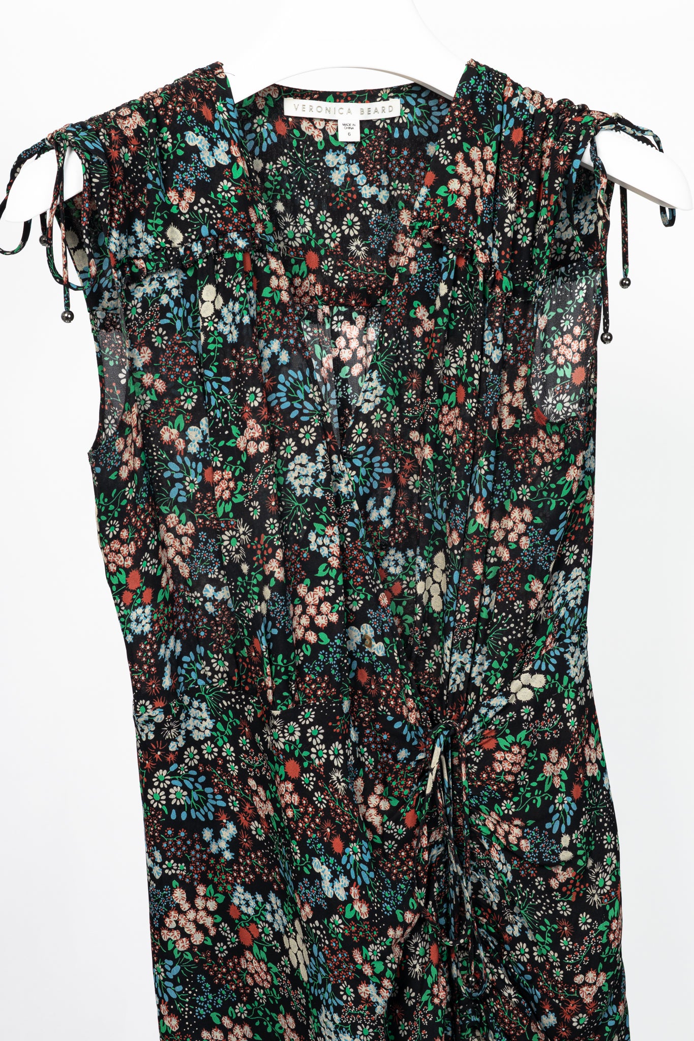 Veronica Beard Teagan Black-Multi Floral Silk Gathered Midi Dress