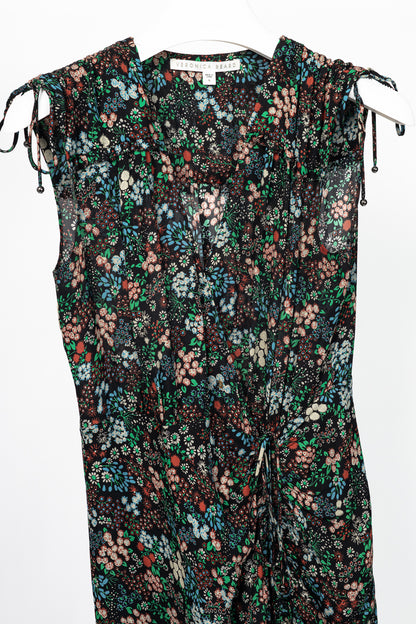 Veronica Beard Teagan Black-Multi Floral Silk Gathered Midi Dress