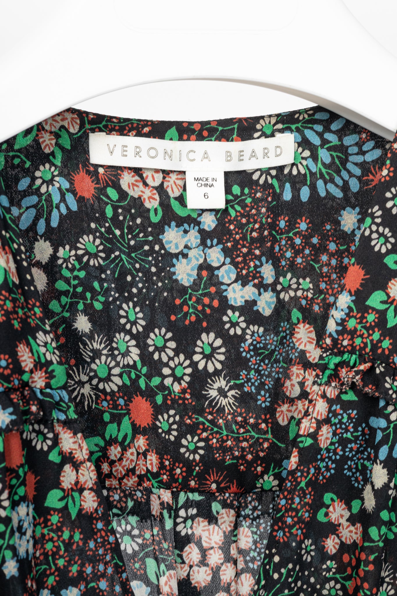 Veronica Beard Teagan Black-Multi Floral Silk Gathered Midi Dress