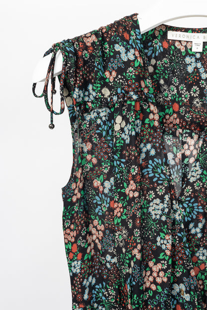 Veronica Beard Teagan Black-Multi Floral Silk Gathered Midi Dress
