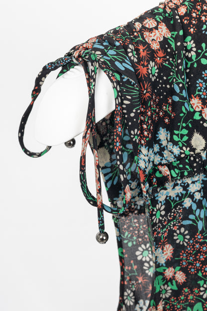 Veronica Beard Teagan Black-Multi Floral Silk Gathered Midi Dress