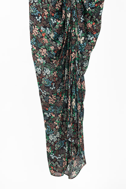 Veronica Beard Teagan Black-Multi Floral Silk Gathered Midi Dress