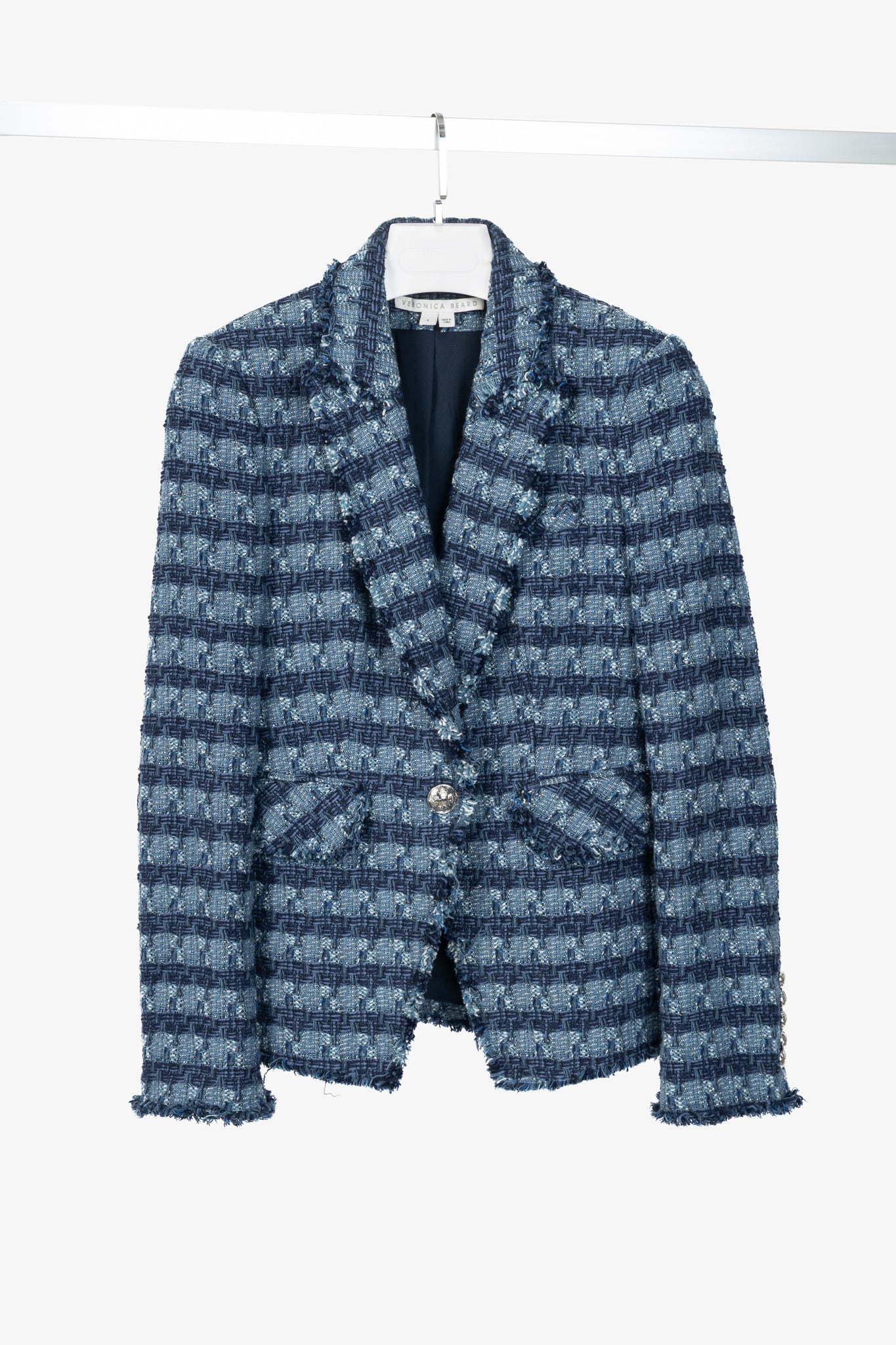 Veronica Beard Blue Striped Cutaway Tweed Dickey Jacket