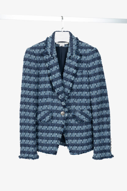 Veronica Beard Blue Striped Cutaway Tweed Dickey Jacket