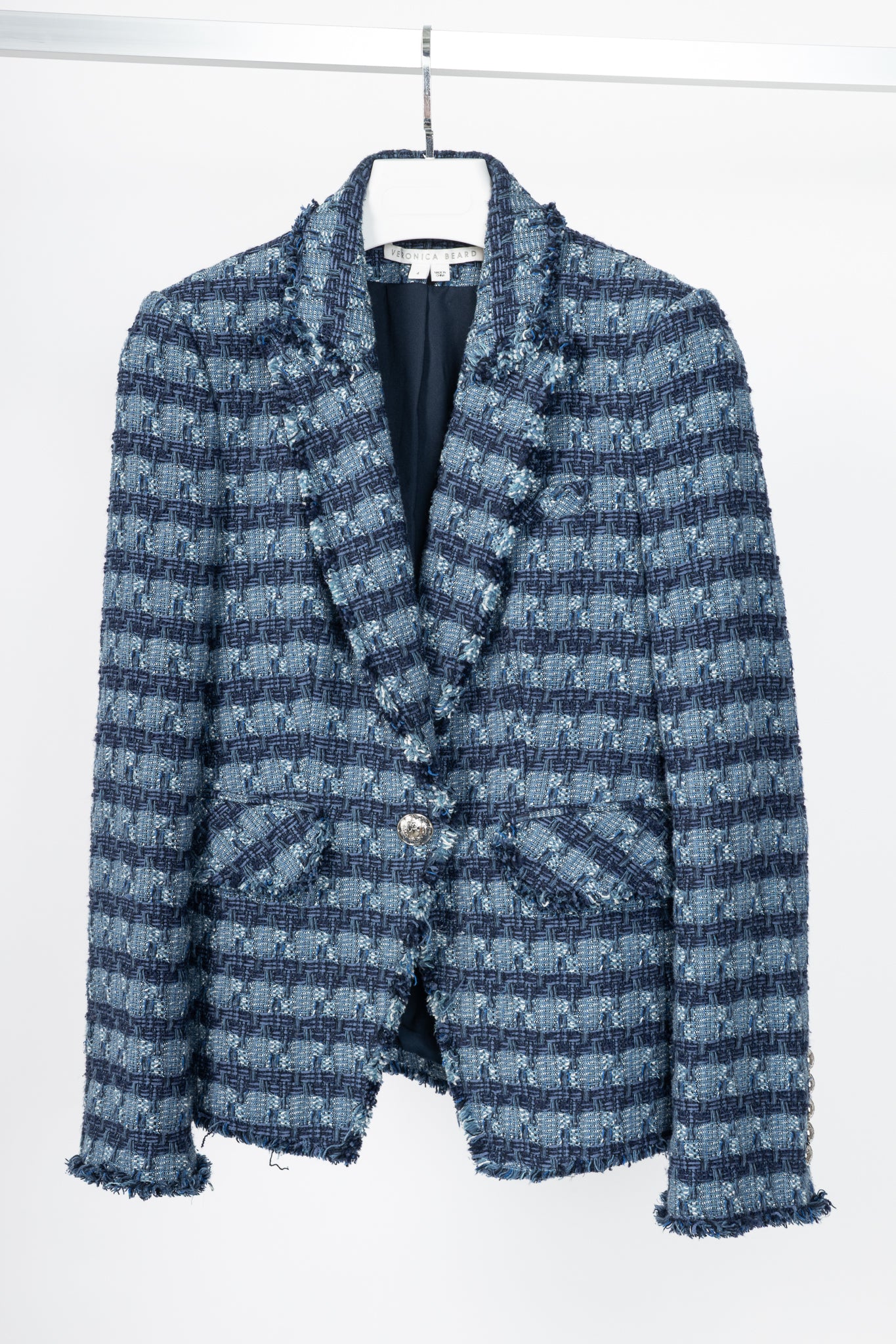 Veronica Beard Blue Striped Cutaway Tweed Dickey Jacket