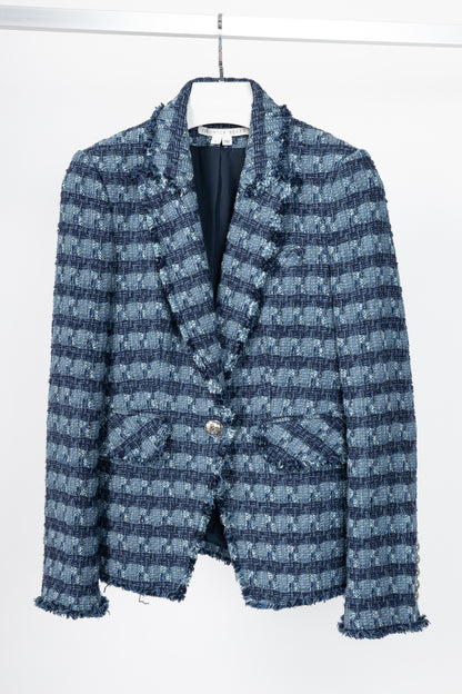 Veronica Beard Blue Striped Cutaway Tweed Dickey Jacket