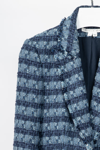 Veronica Beard Blue Striped Cutaway Tweed Dickey Jacket