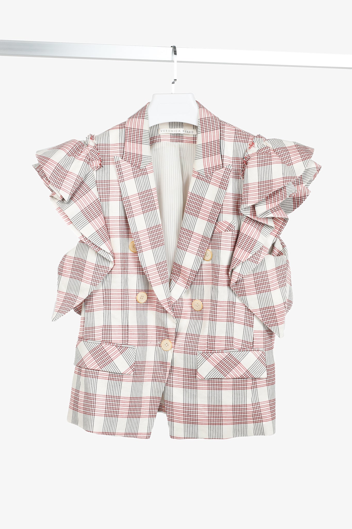 Veronica Beard Rosa Red & White Plaid Ruffle-Sleeve Vest