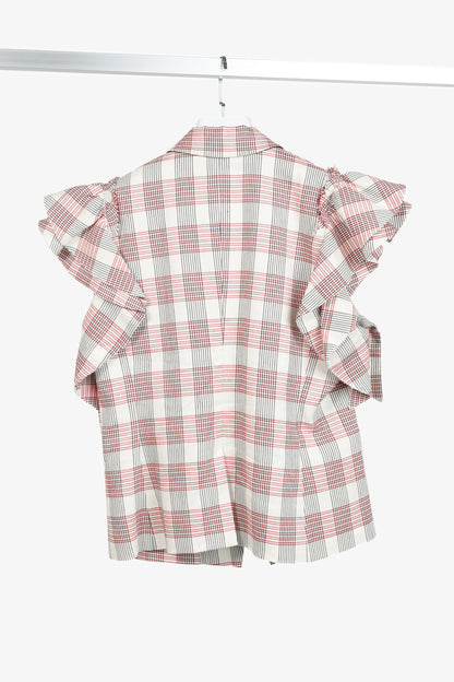 Veronica Beard Rosa Red & White Plaid Ruffle-Sleeve Vest
