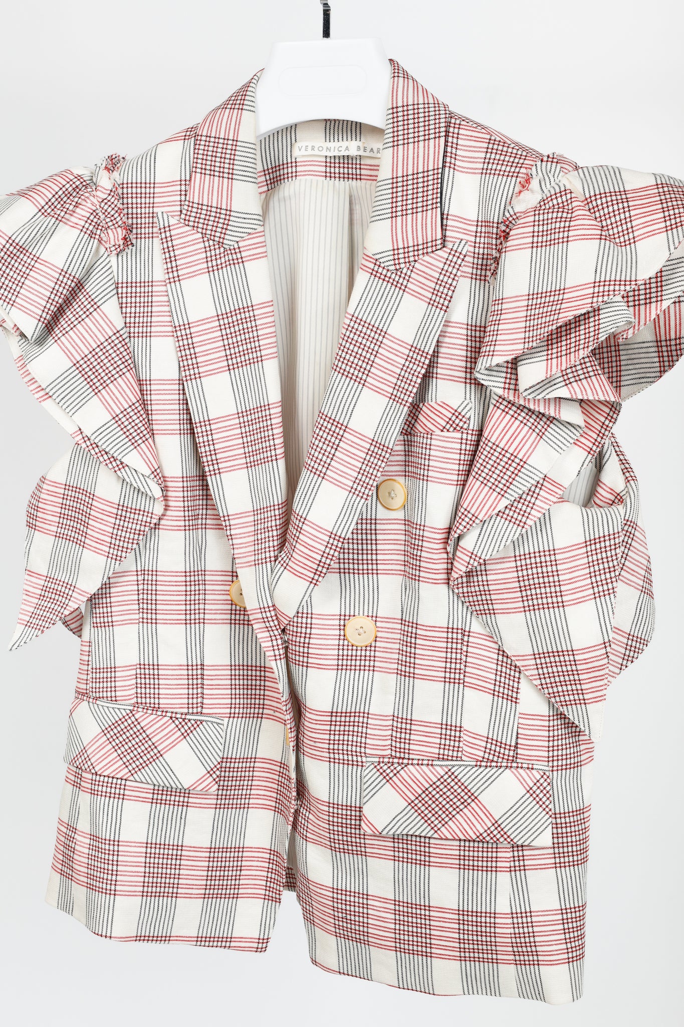 Veronica Beard Rosa Red & White Plaid Ruffle-Sleeve Vest